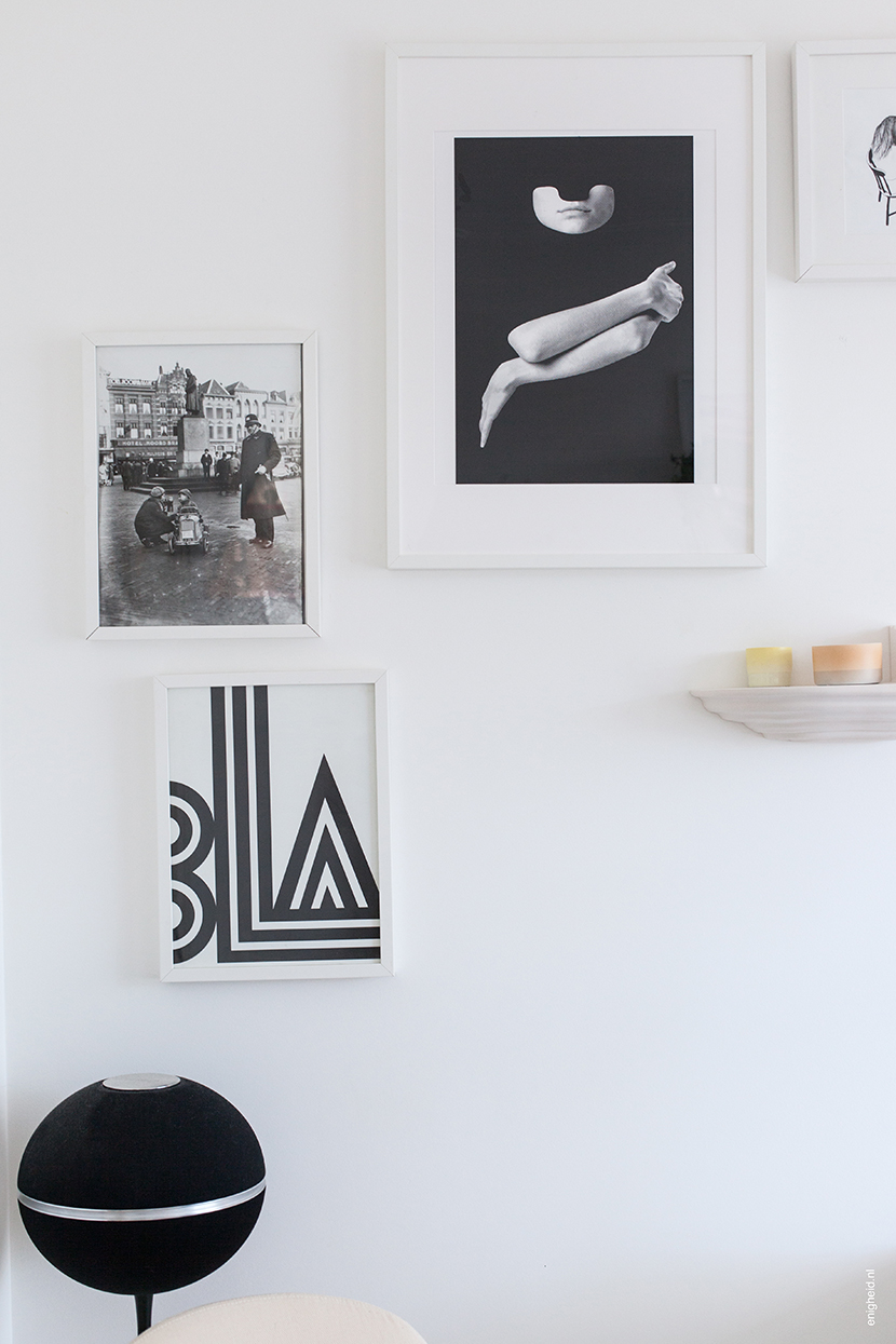 The art wall in my living room. Art Work by amongst others Tyler Spangler and Bla by One Must Dash, David Derksen Boschroom on the wall, with Scholten and Baijings ceramics by Arita Japan | Enigheid
