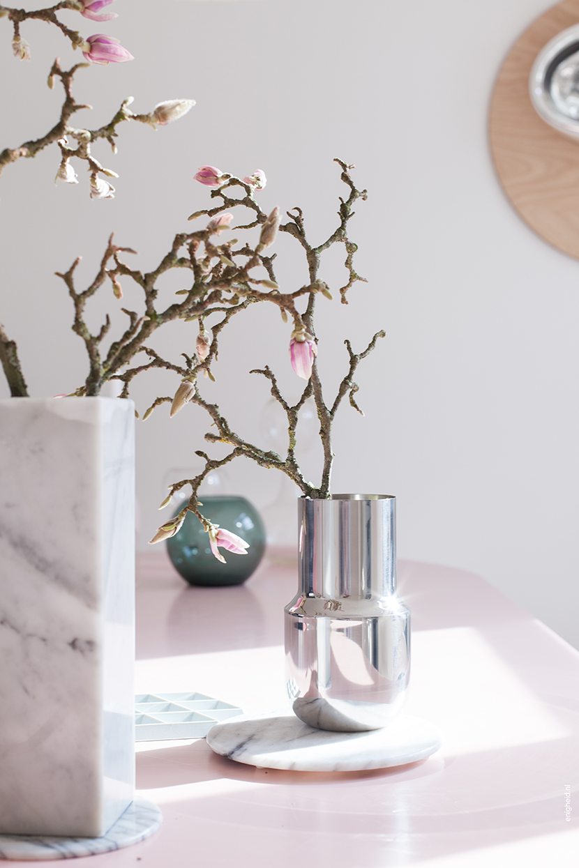 Magnolia branches in tactile vase by Menu design and marble vintage vase | Enigheid