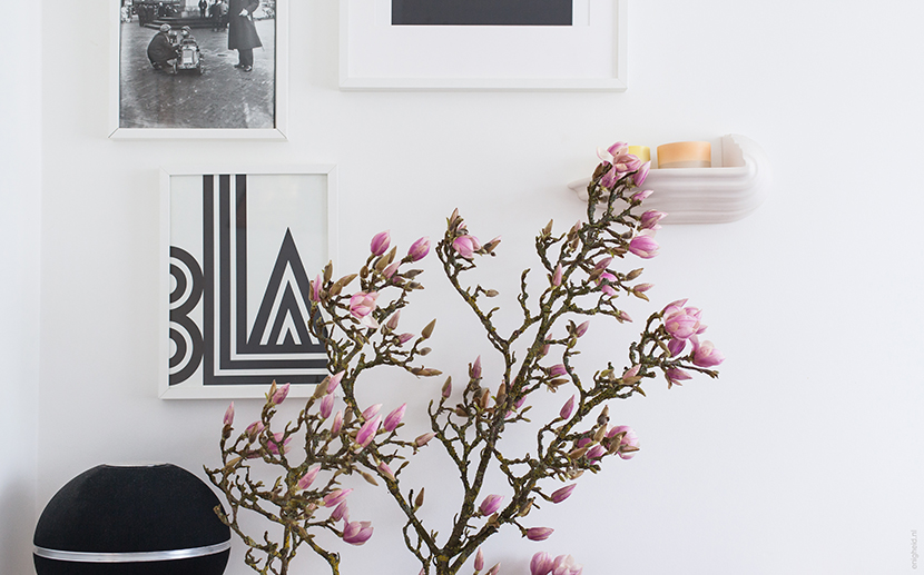 Huge magnolia branch with flowers in my living room. Art on the wall by Tyler Spangler poster, Bla-poster by One Must Dash and work of art by Marijke Timmerman. The console is a Boschroom designed by David Derksen, with Scholten and Baijings Arita 1616 ceramics on top of it | Enigheid